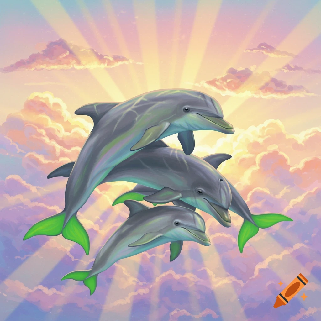 Three dolphins flying among sunlit clouds, painterly style