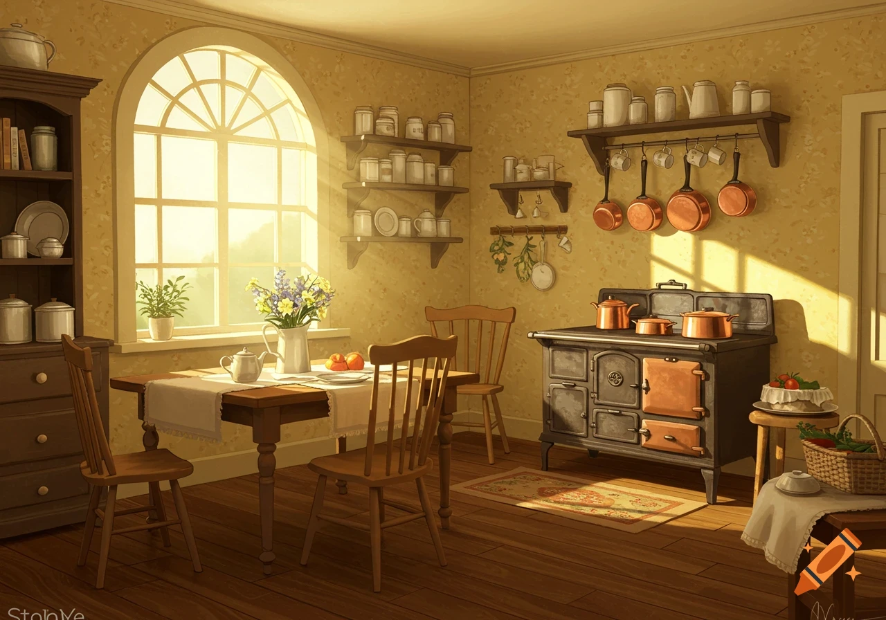 A cozy, sunlit cottage kitchen with a wooden table and chairs, shelves of jars, a large stove, and a arched window.