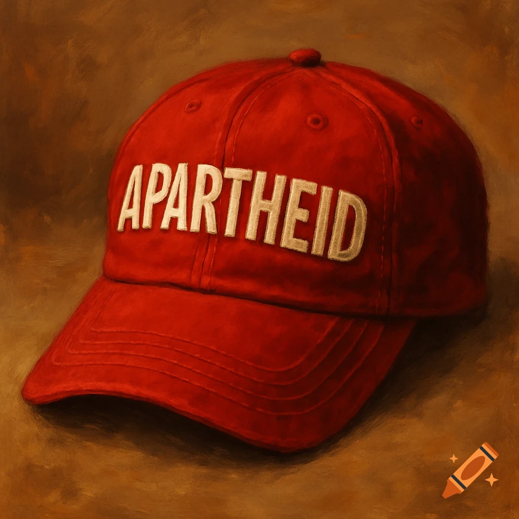Painting of a red baseball hat with 'APARTHEID' across the front.