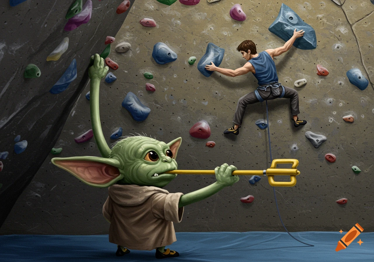 A green creature holding a stick watches a man rock climb on an indoor wall, illustration.