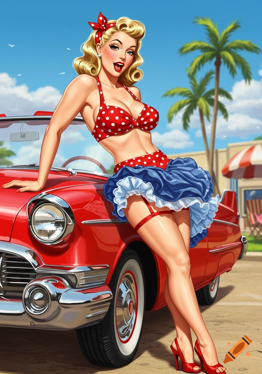 Pinup girl in bikini leaning on a red classic car in a retro tropical setting.