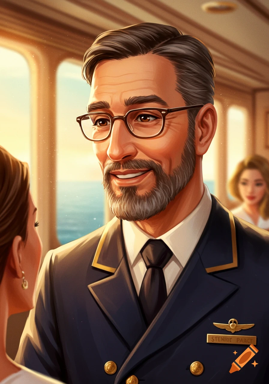 Portrait of a man in uniform talking to a woman on a ship.