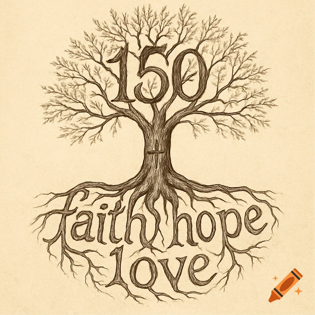 Sepia-toned sketch of a tree with roots forming the words faith hope love and branches forming the number 150. A cross is on the trunk.