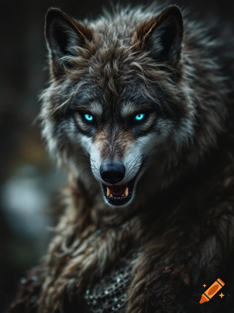 Close-up portrait of a fierce werewolf with glowing blue eyes.