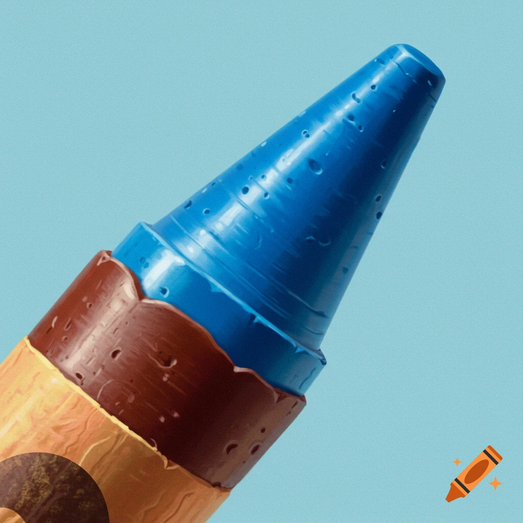 Close up of a blue, brown, and yellow crayon tip against a blue background.