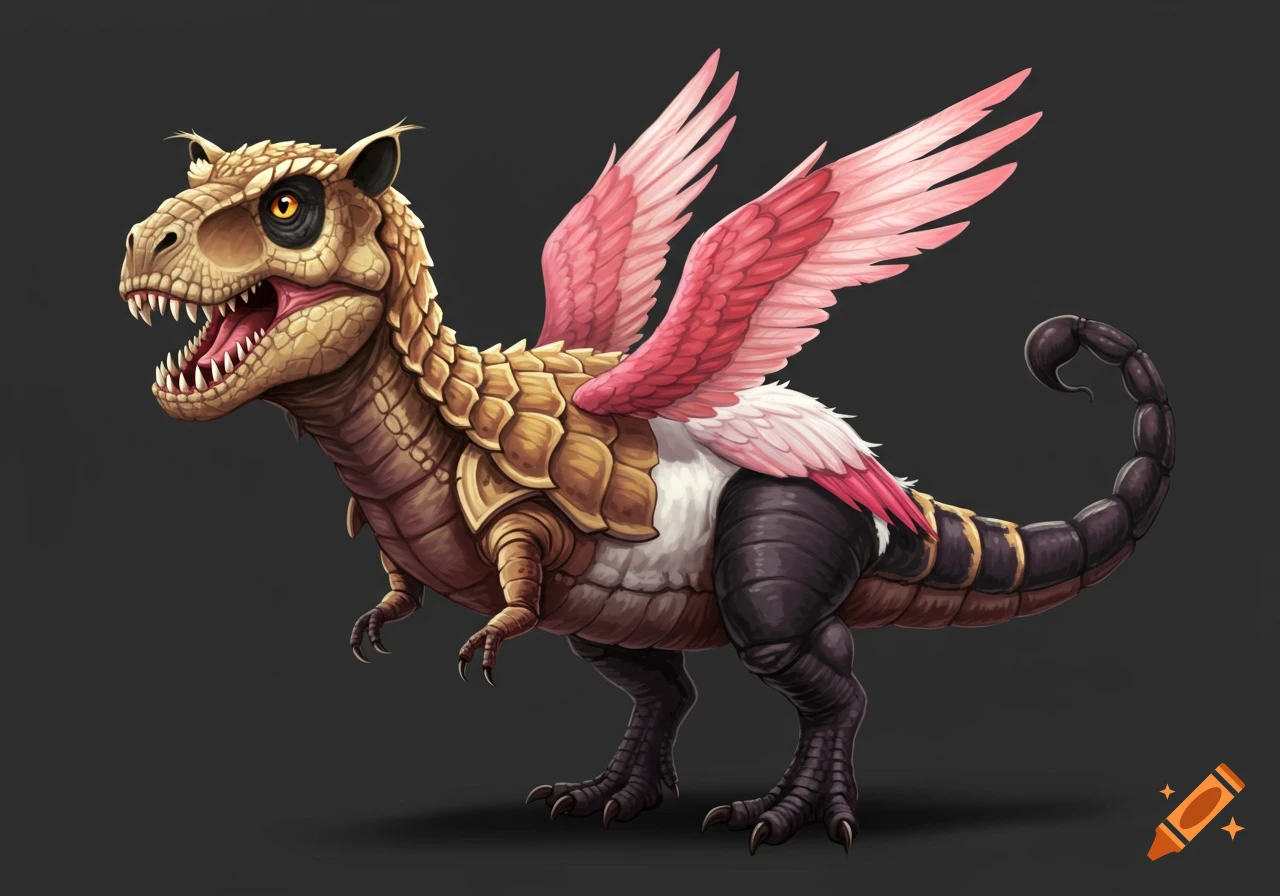 Illustration of a fantasy creature with a T-Rex body, scorpion tail, and pink wings.