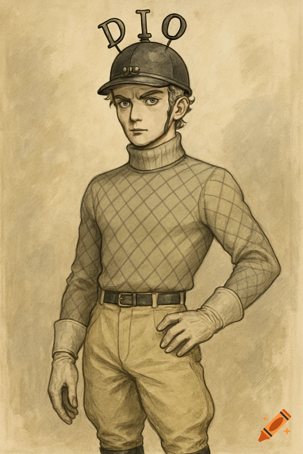 A young man dressed in equestrian gear, including a helmet with 'DIO' on it, a patterned sweater, gloves, and jodhpurs, in a sketch style.