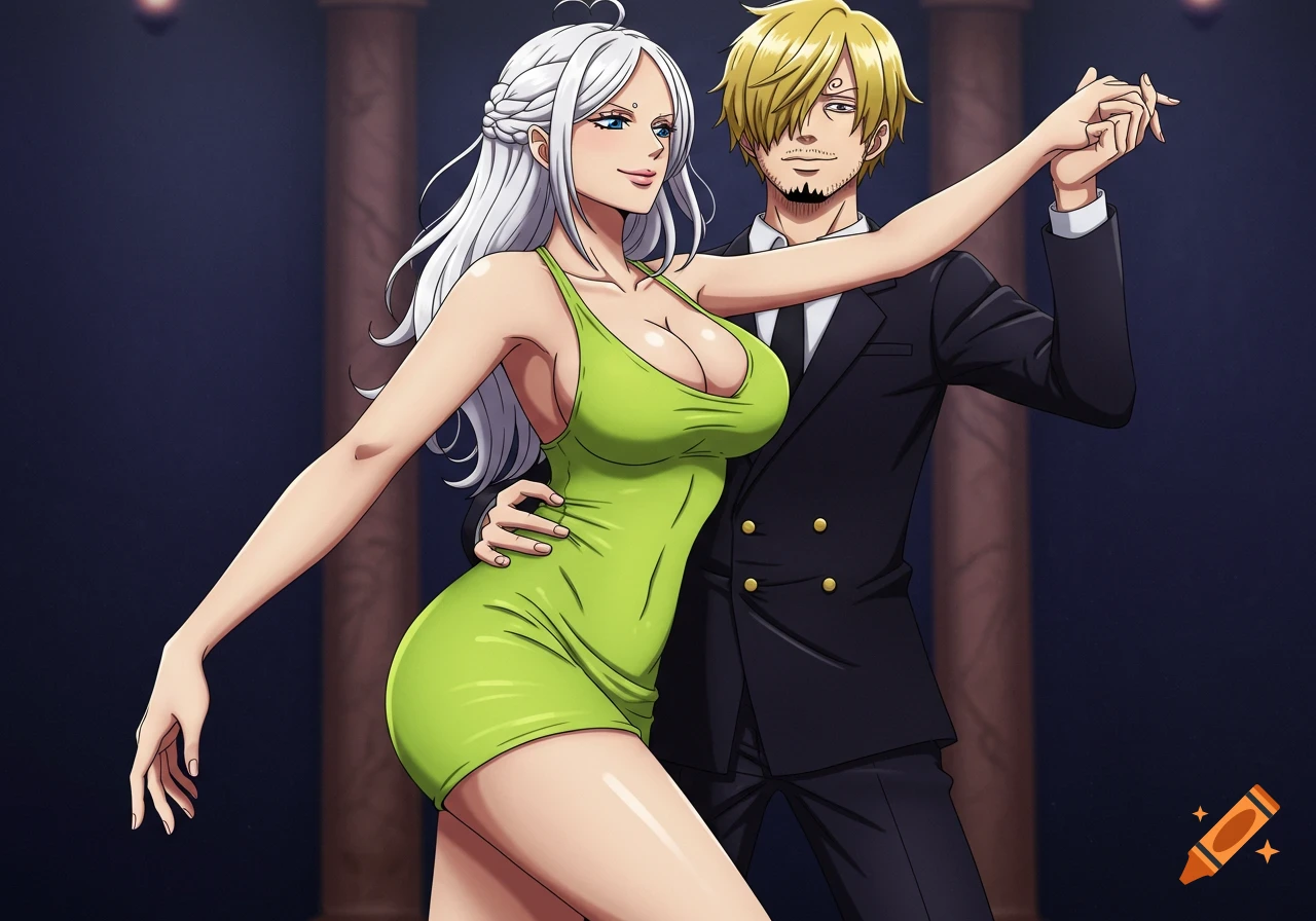 Anime characters Sanji and a white-haired woman dancing.