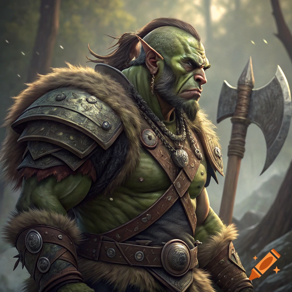 Powerful orc warrior in fantasy armor holding an axe in a forest setting.