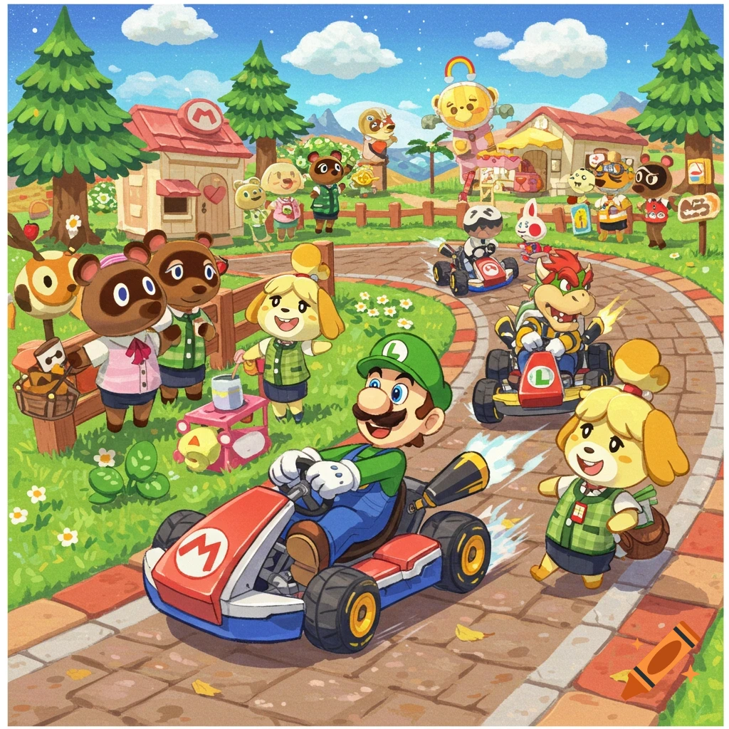 Animal Crossing characters race Mario karts through a village, featuring Luigi, Bowser, and Isabelle.