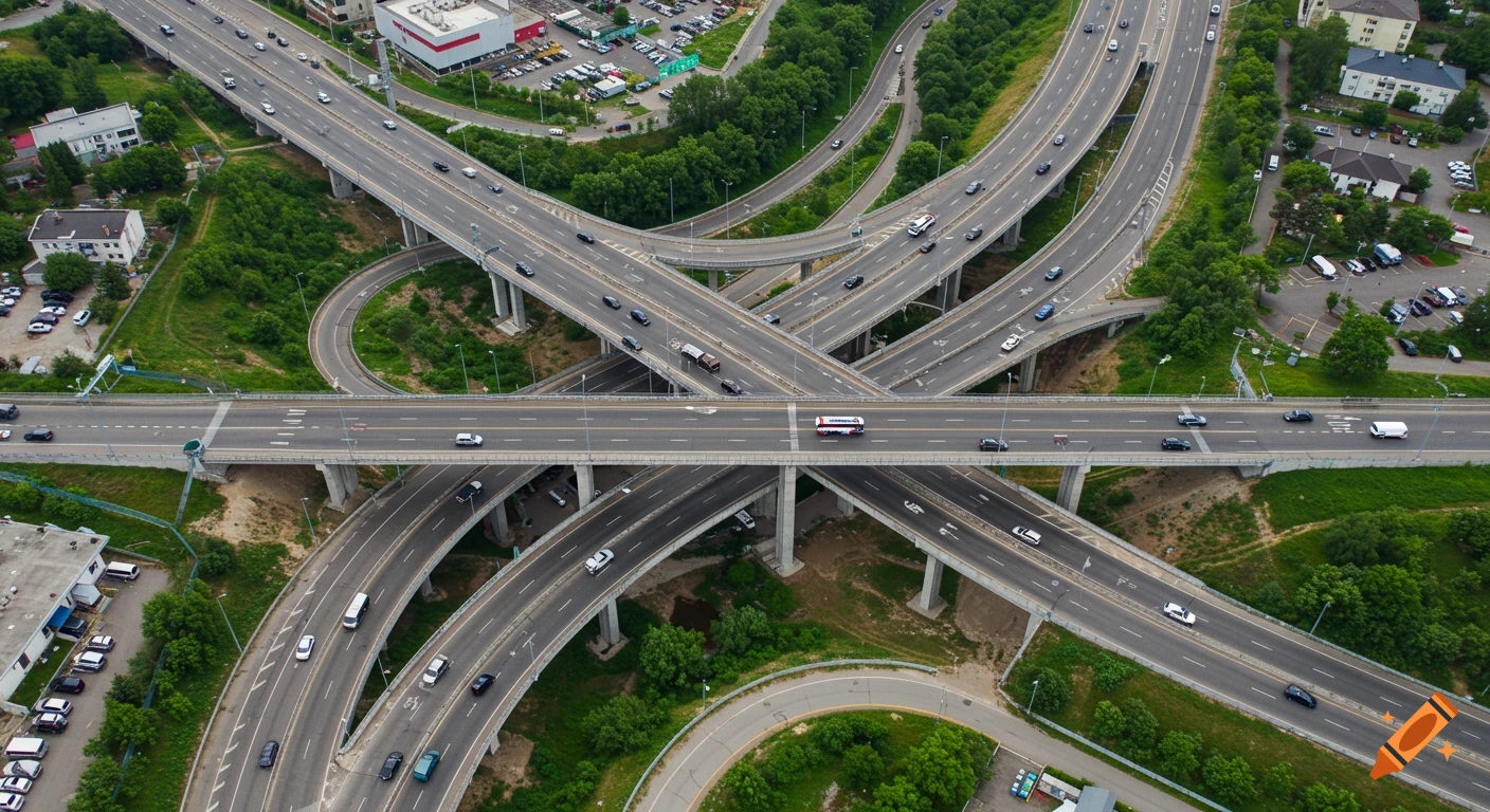 Aerial view of a complex highway interchange with multiple levels and ...