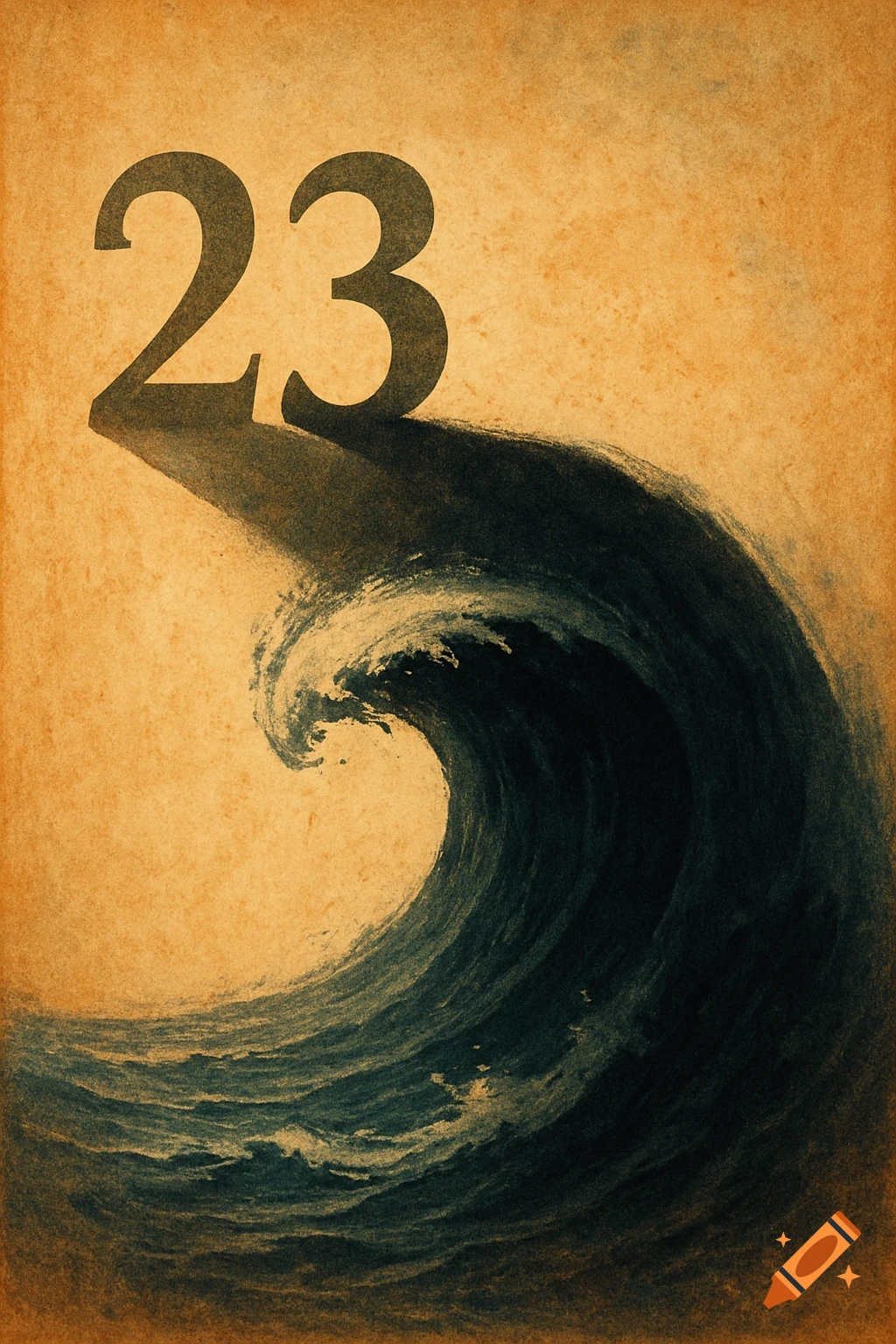 The number 23 casts a shadow resembling a dark wave on a textured, warm-colored background.