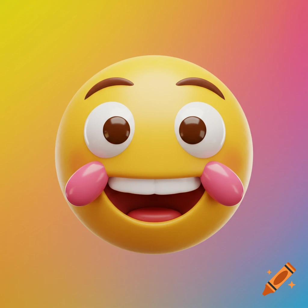 A 3D rendered yellow emoji face with wide eyes and a wide smile, showing pink blushing cheeks, against a colorful gradient background.
