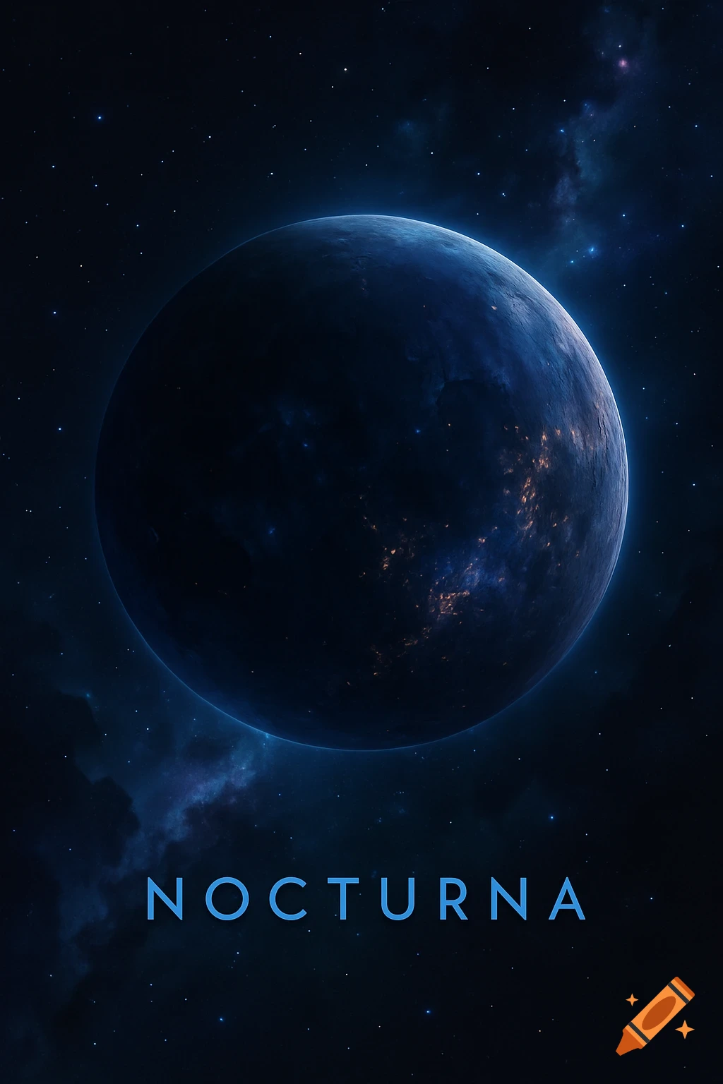 A dark planet in space illuminated by city lights and surrounded by stars and nebulas. The text "NOCTURNA" is at the bottom.