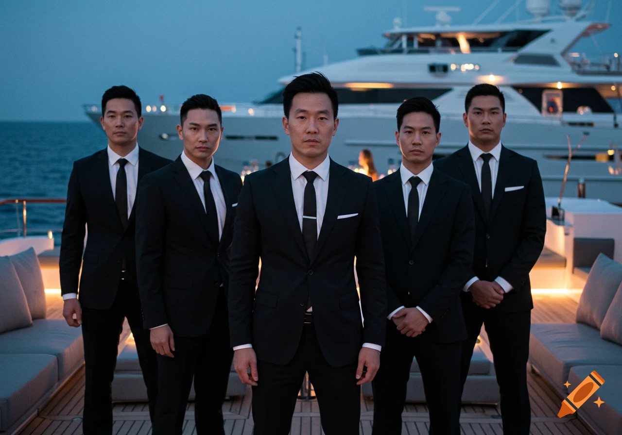 Group of men in black suits and ties standing on a yacht deck