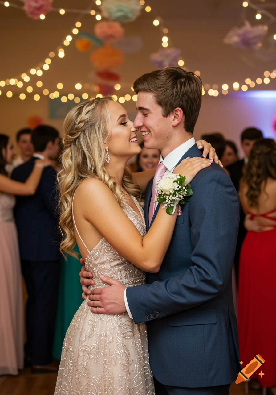 A teen couple dances closely and smiles at each other at a prom, with blurry figures and lights in the background.