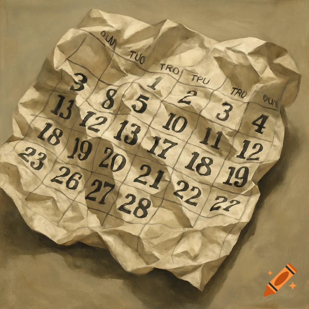 A close-up painting of a crumpled paper calendar.