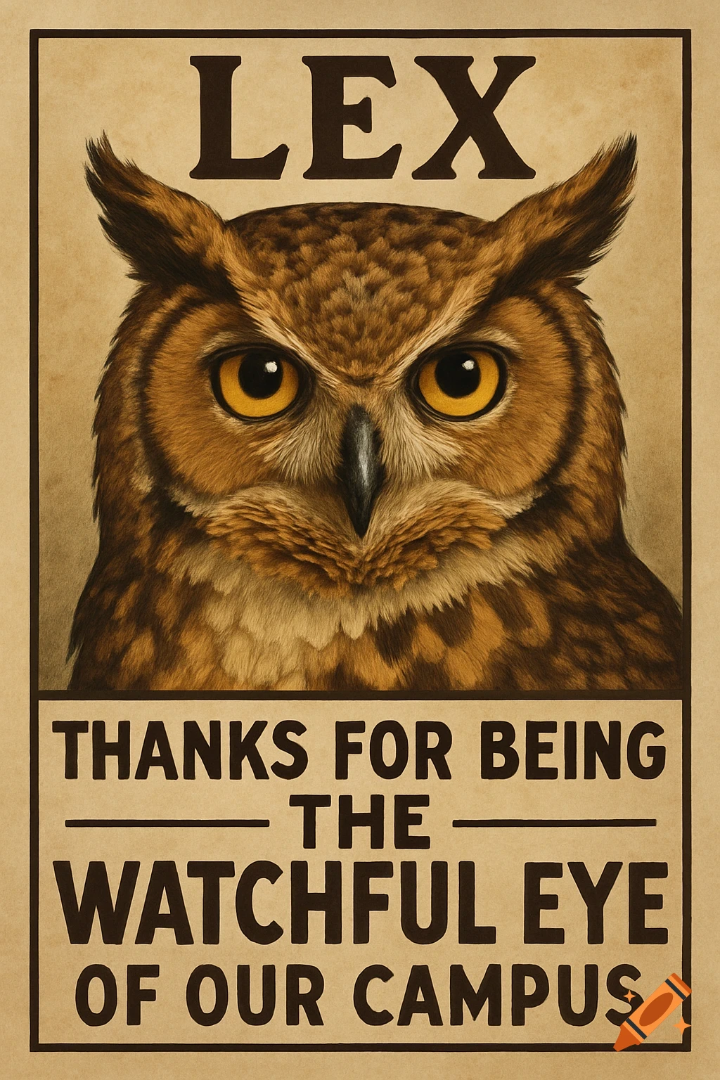 Poster with a drawing of an owl and text 'Lex thanks for being the watchful eye of our campus'