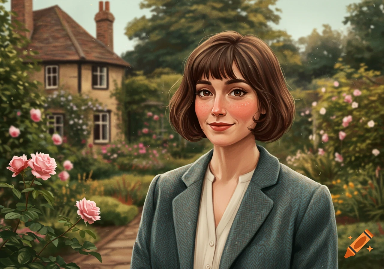 A woman smiles in a garden outside a cottage, painterly style.