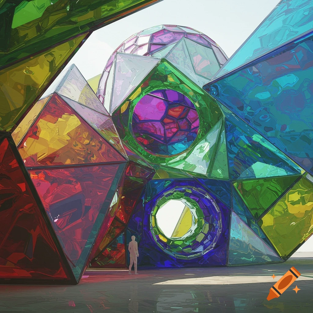 Large colorful geometric sculpture of glass with a human figure for scale