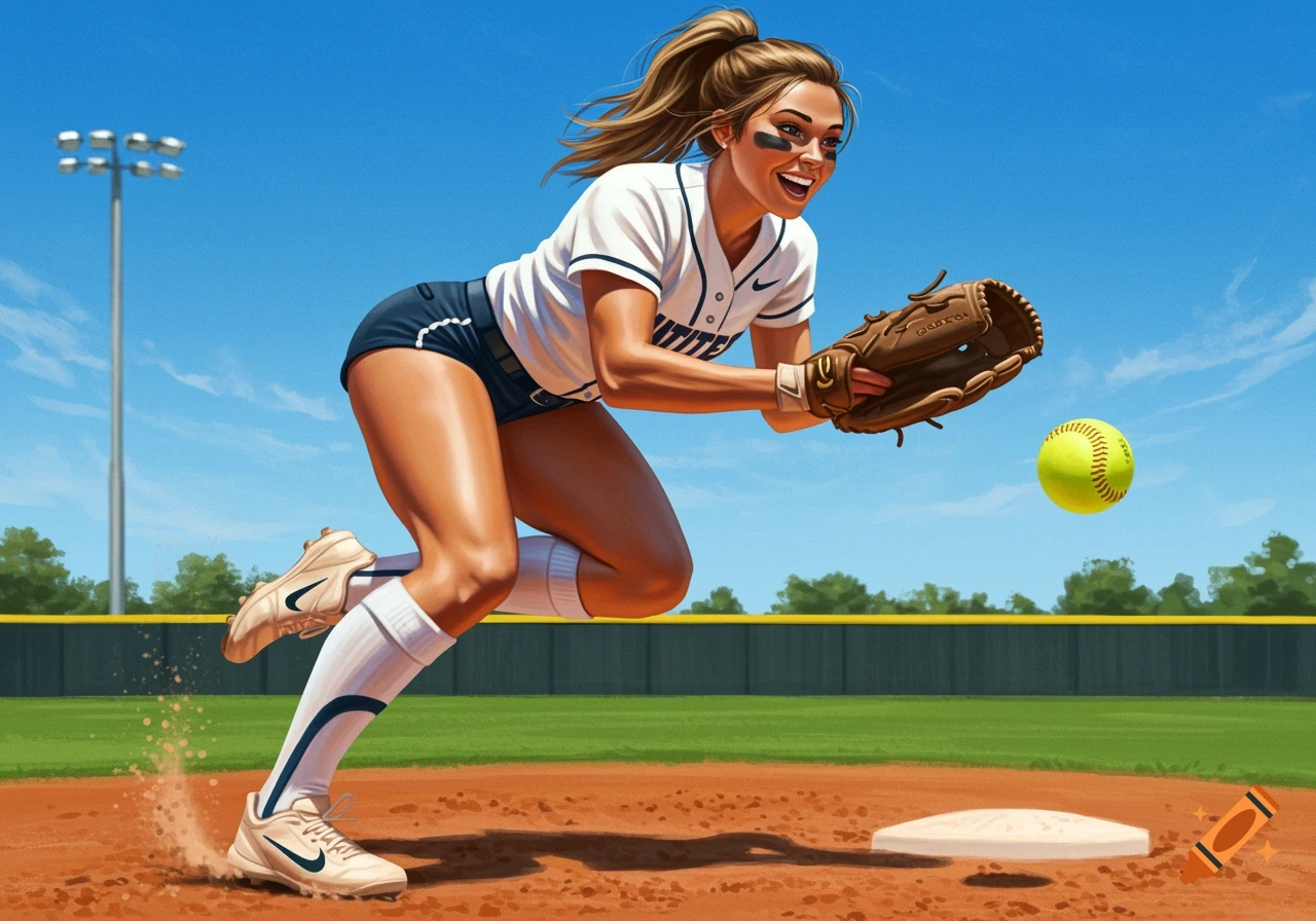An illustration of a female softball player running to catch a ball on the field.