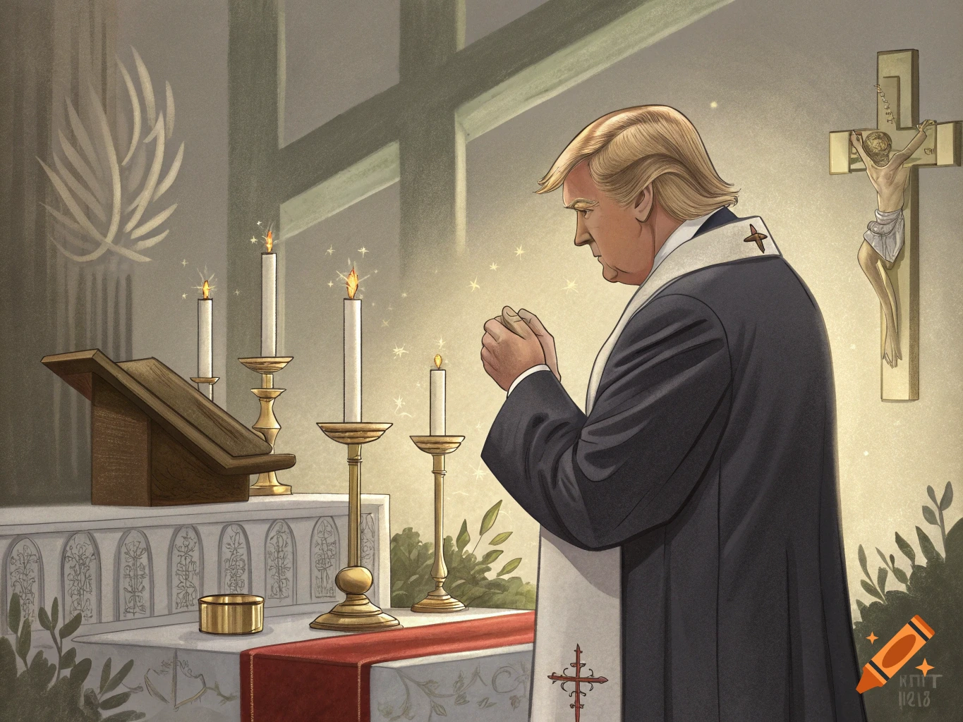 Illustration of a man resembling Donald Trump praying or officiating at an altar with candles and a crucifix.