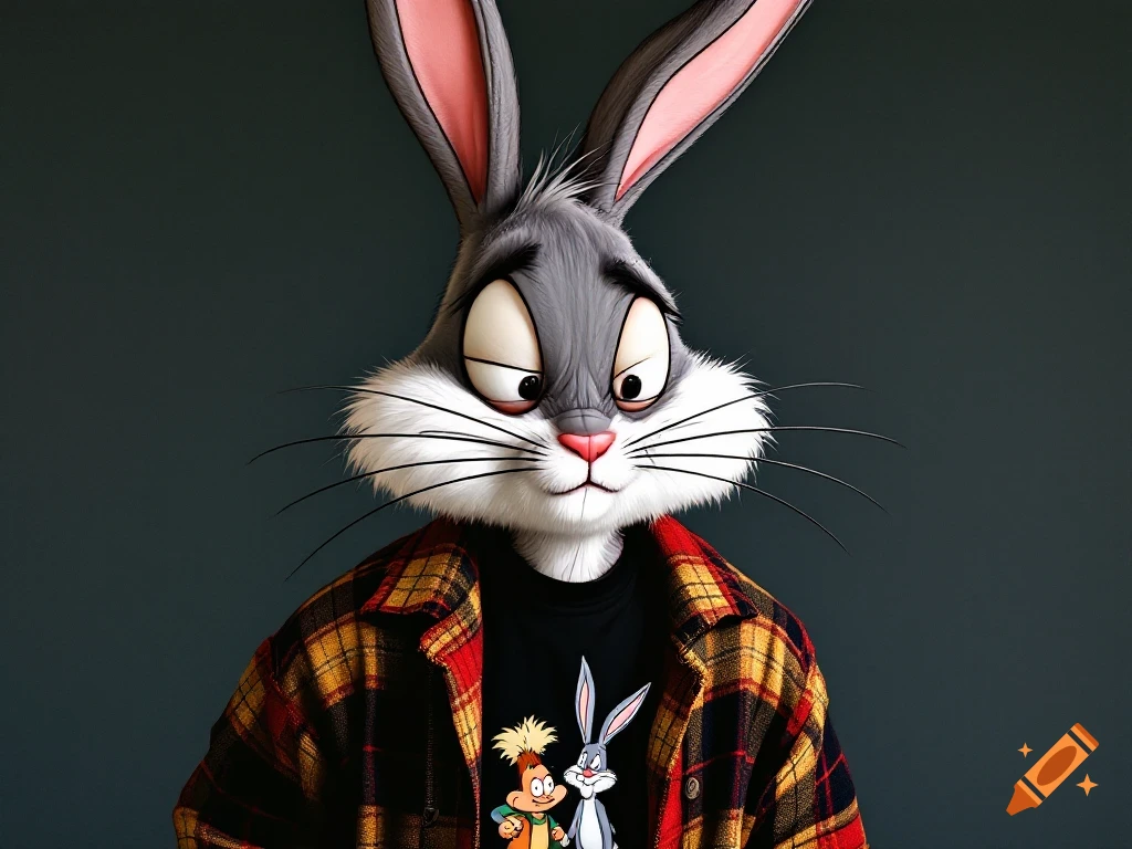 Rendered Bugs Bunny in a plaid shirt over a black t-shirt with cartoon characters, looking tired.