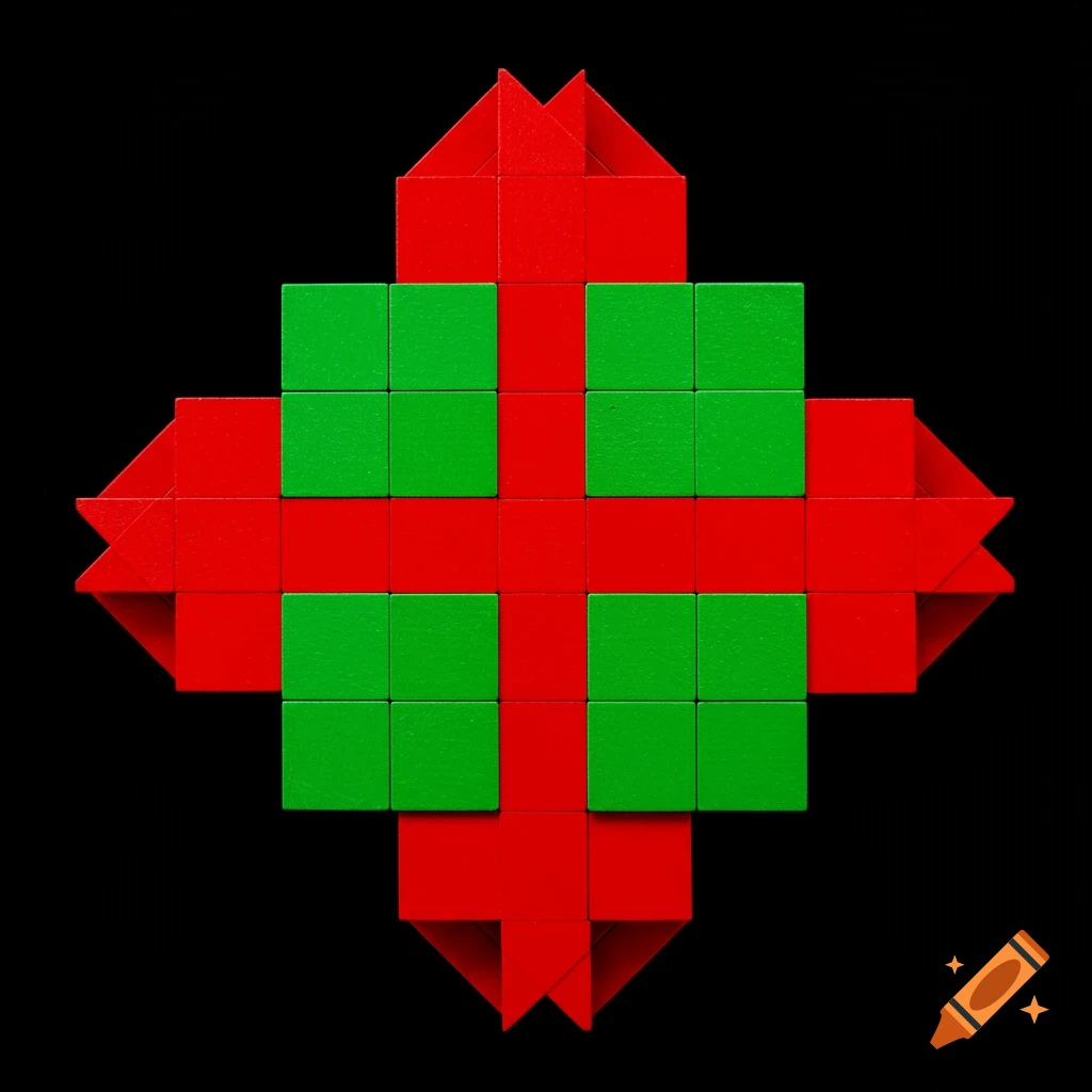 A red and green geometric cross pattern made of squares on a black background.