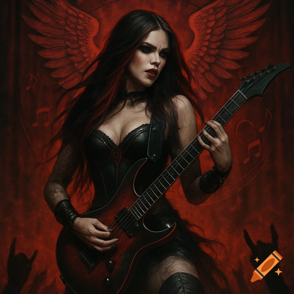 Woman plays electric guitar, red angel wings, music notes, heavy metal style.