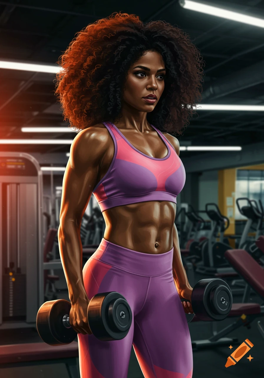 A woman with curly hair doing arm workout in a gym, holding dumbbells.