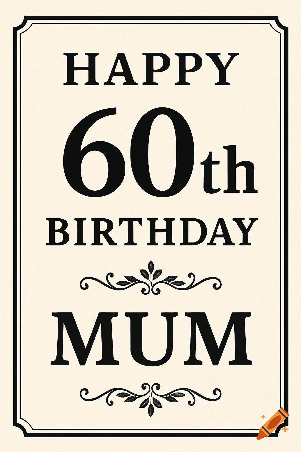 A birthday card template that reads "Happy 60th Birthday Mum" in black text on a cream background, framed by a thin black border.