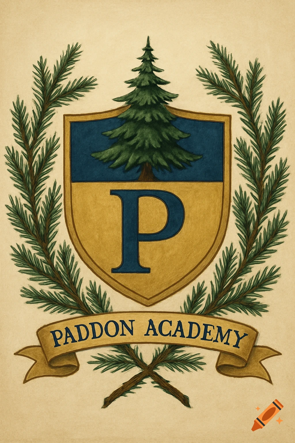School crest with shield, tree, letter P, spruce branches, and 'Paddon Academy' banner.