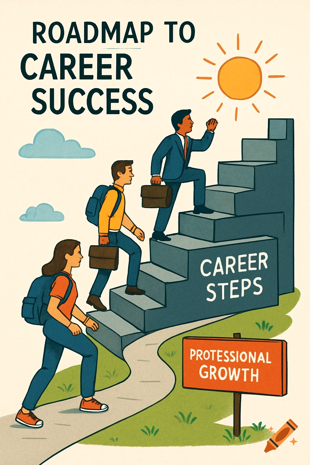 Illustration of people climbing stairs labeled "Career Steps" towards a sun. Text reads "Roadmap to Career Success" and "Professional Growth".