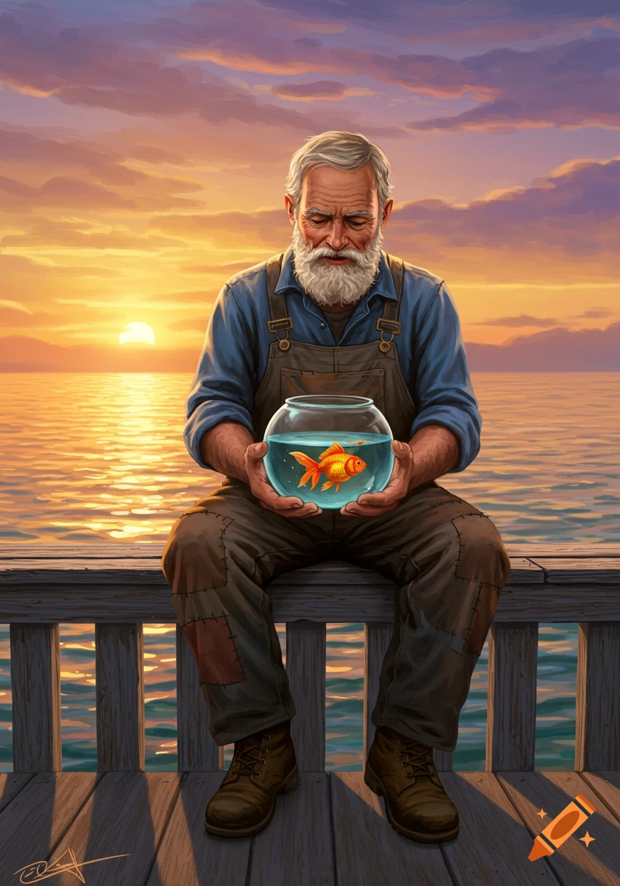 Painting of an old man sitting on a dock with a goldfish bowl at sunset.