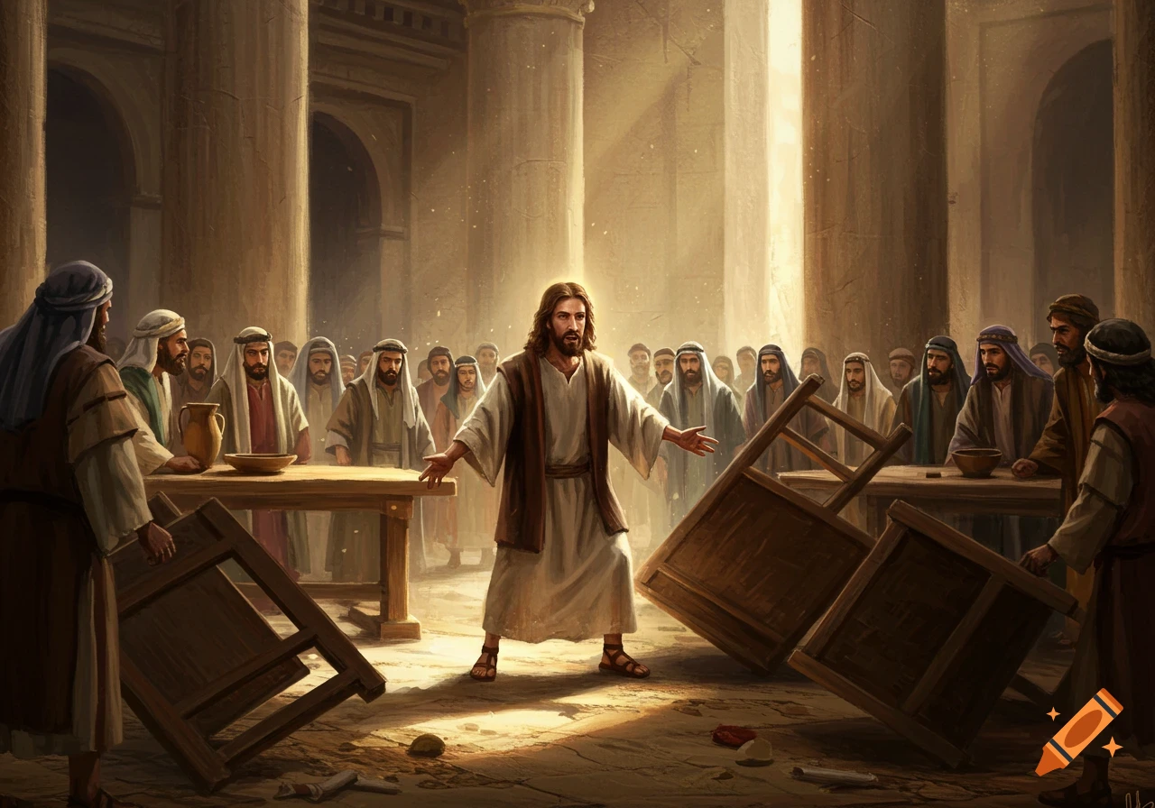 Jesus overturns tables and chairs in a temple, surrounded by a crowd, in a painterly style.