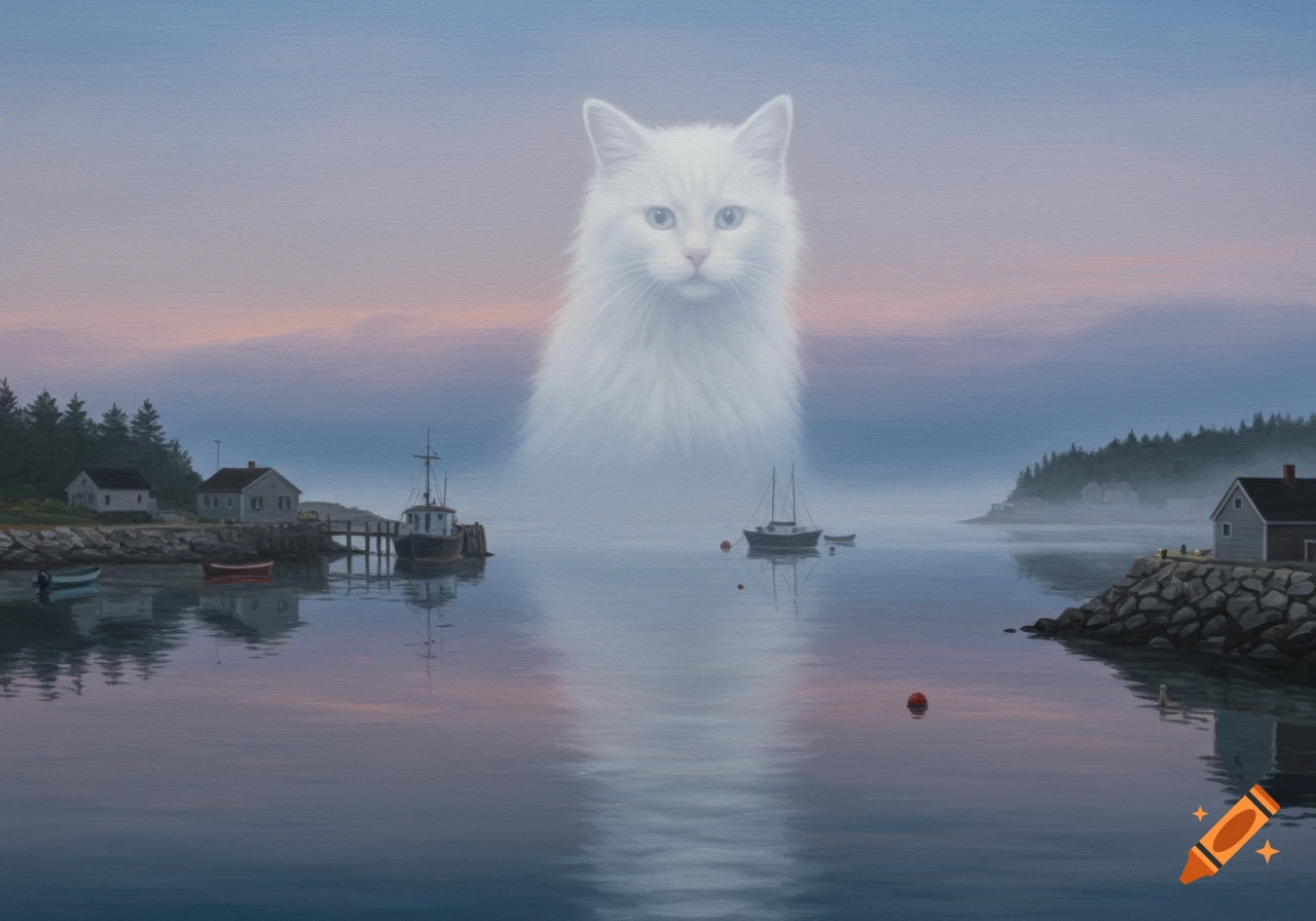 Painting of a giant white fog cat hovering over a harbor at dusk.