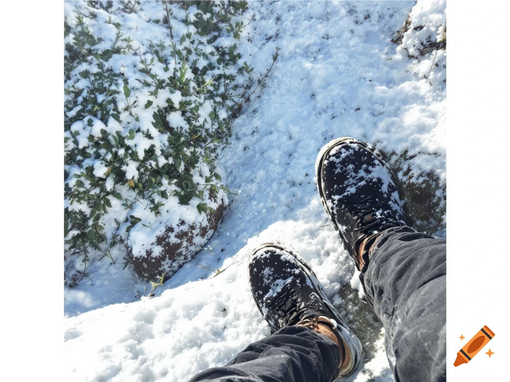Person's feet in black boots standing in snow next to green plants.