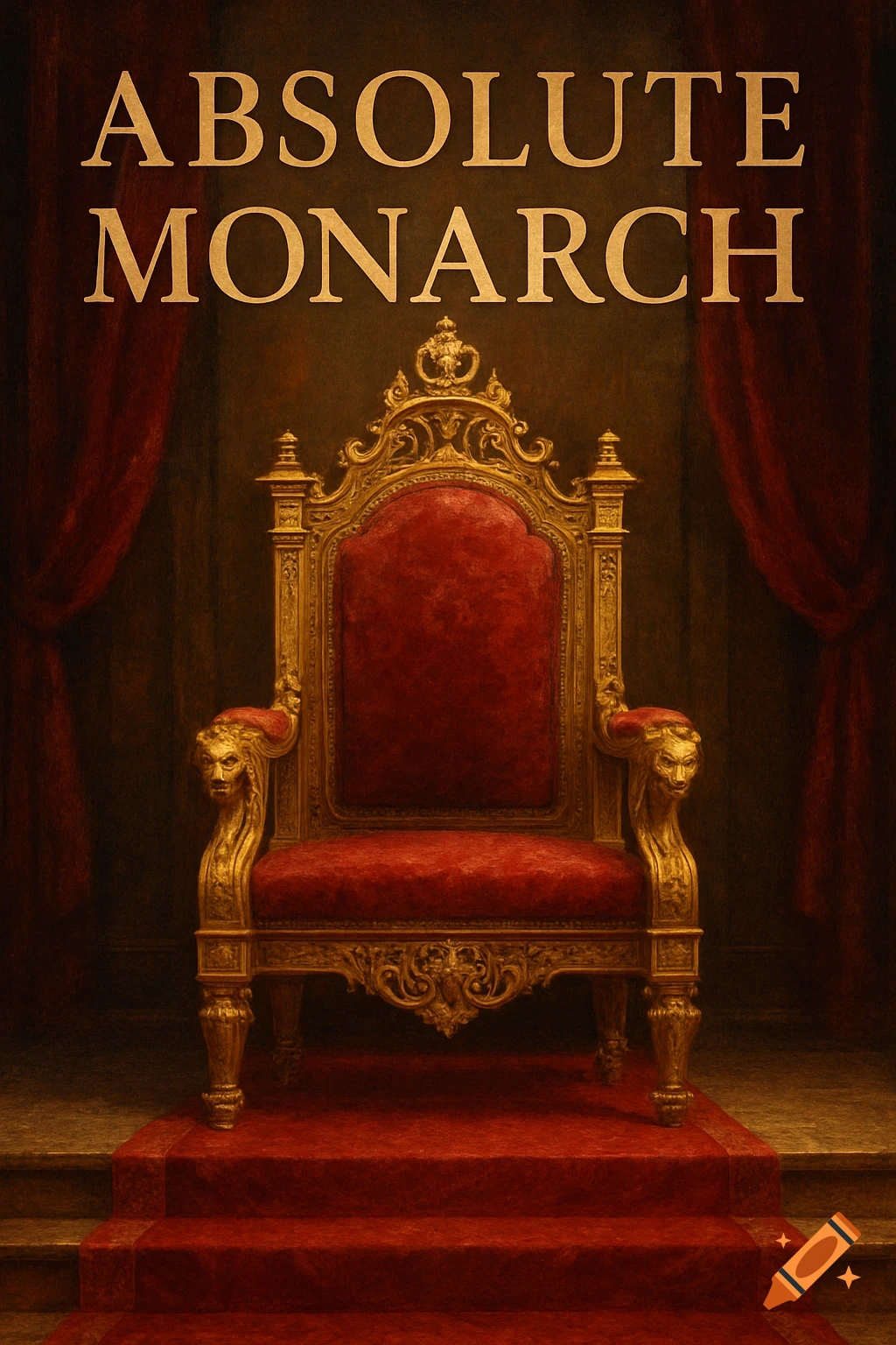 An ornate gold and red throne sits on a red carpeted platform, framed by red curtains, with the text 'ABSOLUTE MONARCH' above.