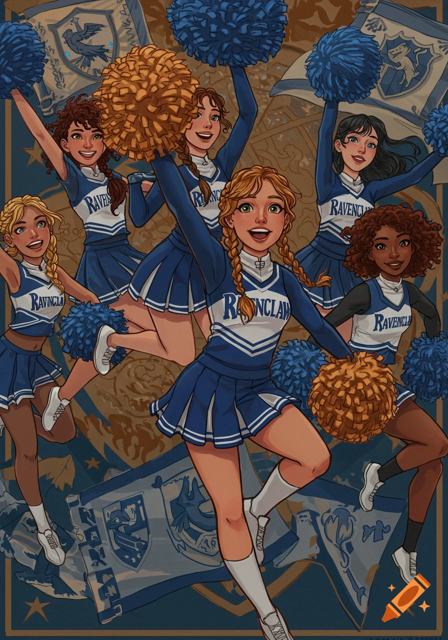 Illustration of Ravenclaw cheerleaders in blue uniforms holding pom-poms.