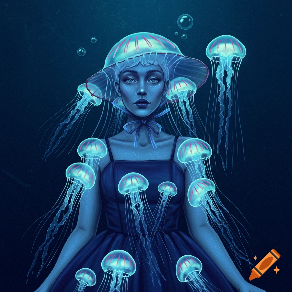 Woman in a jellyfish dress and hat, surrounded by jellyfish in dark blue water.