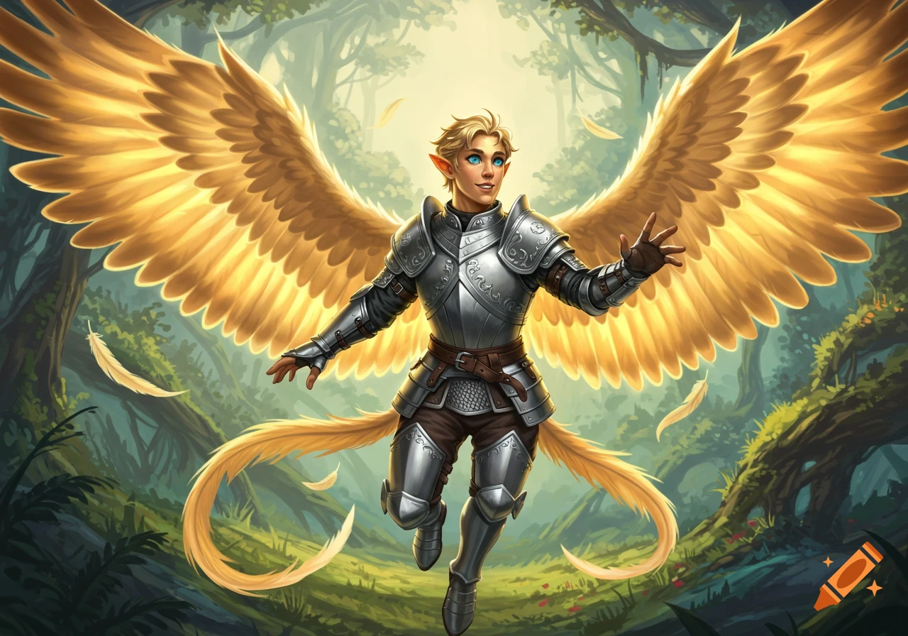 D&D style assimar in silver armor with golden wings flying in a sunlit forest.