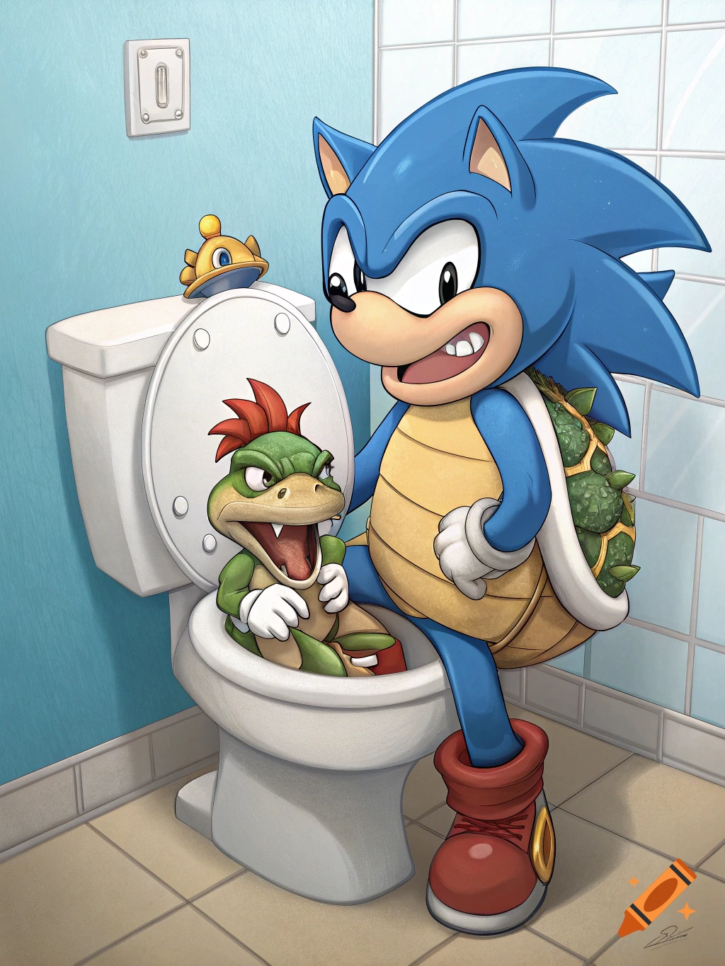 Cartoon of Sonic the Hedgehog holding Bowser Jr. in a toilet.