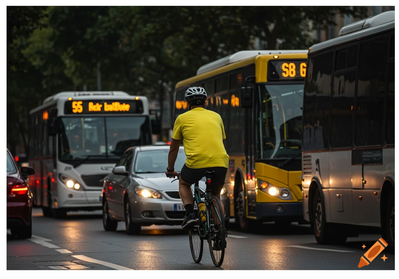 Cyclist in yellow shirt rides bike through city traffic with buses and cars.