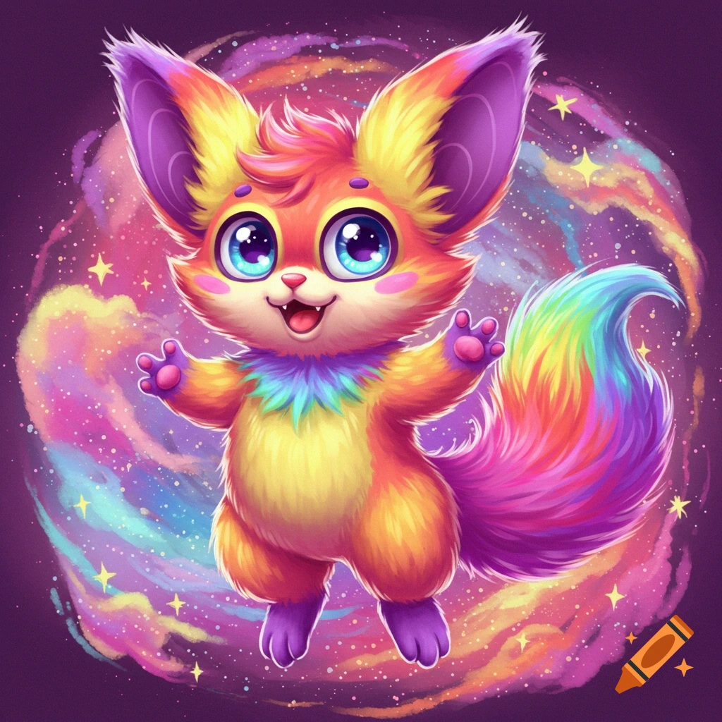 A cute, colorful, furry creature with large eyes floats in a starry space background.