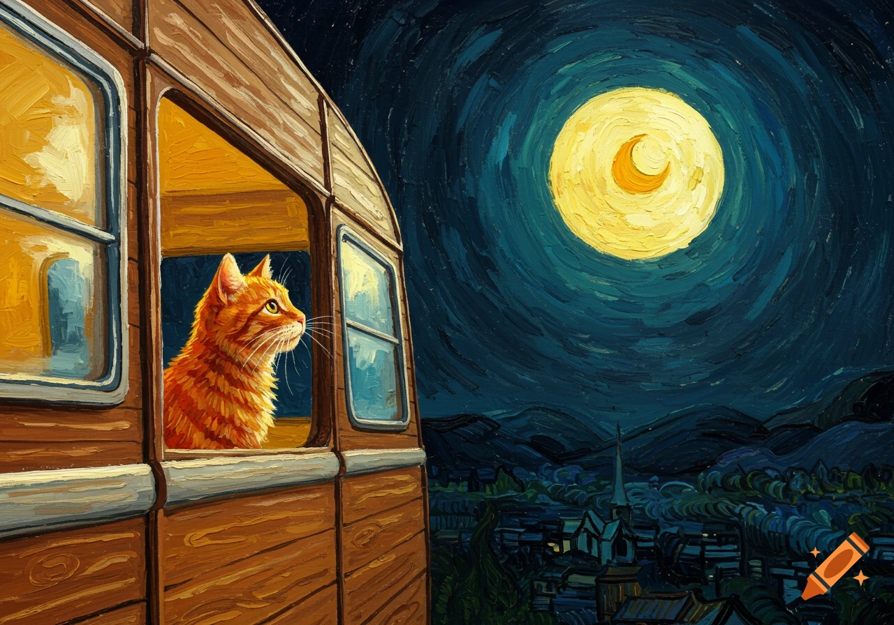 An orange cat looks out a train window at a large moon in a starry night sky, in a Van Gogh painting style.