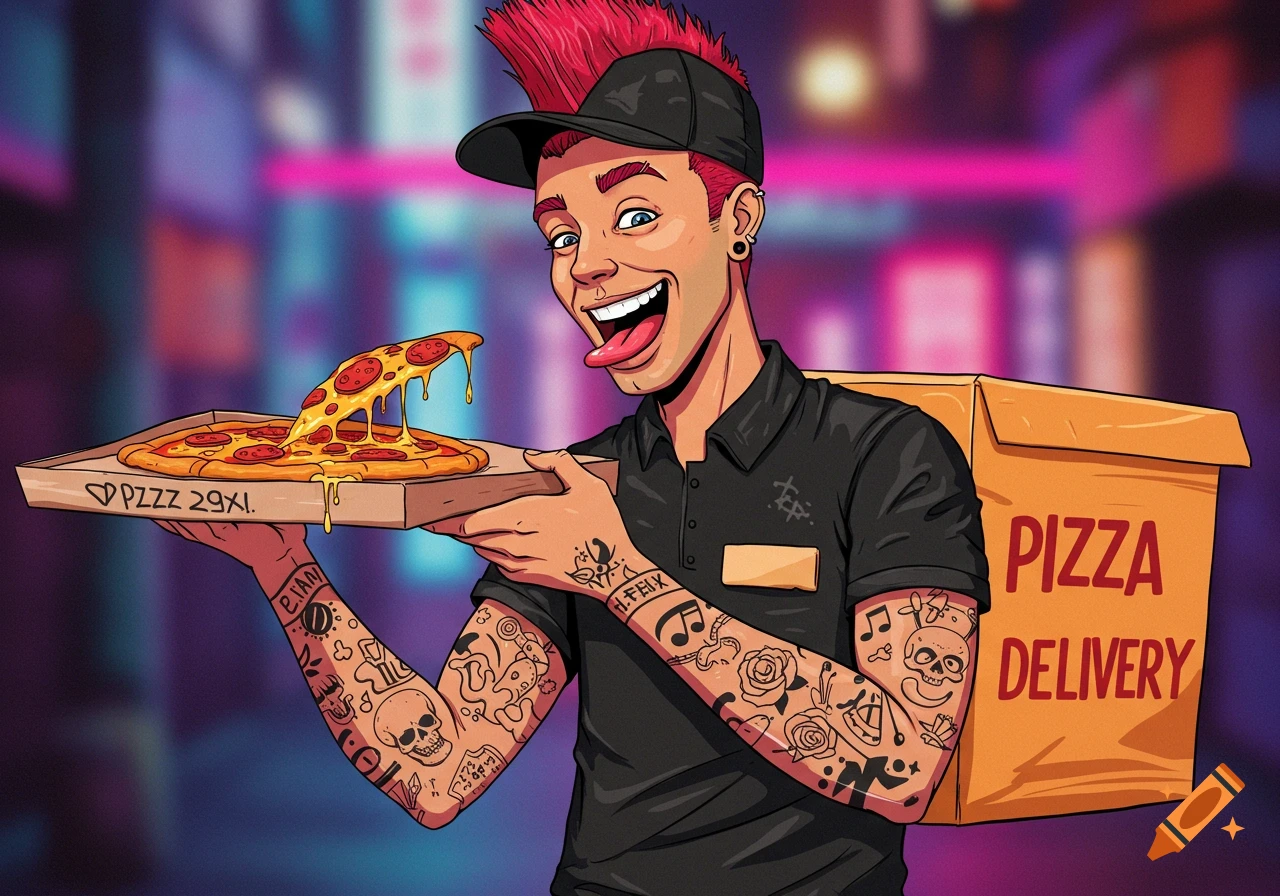 Cartoon illustration of a smiling pizza delivery guy with red emo hair and tattoos, holding a pizza box.
