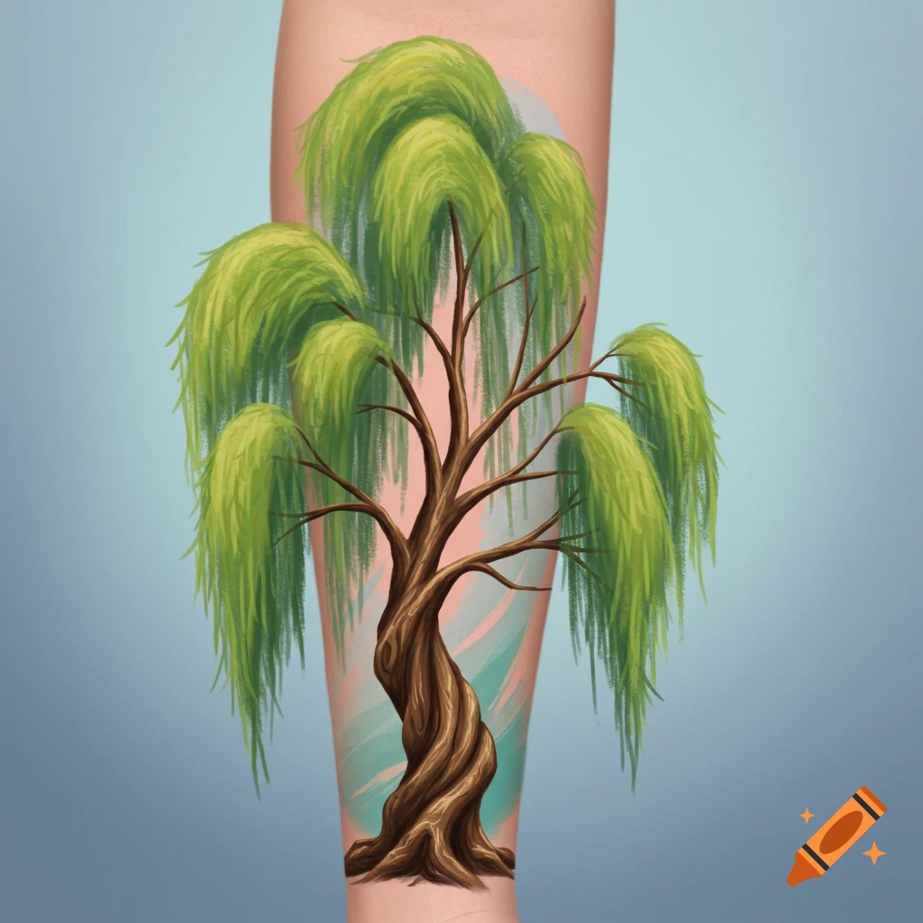 Illustrative willow tree tattoo on an arm.