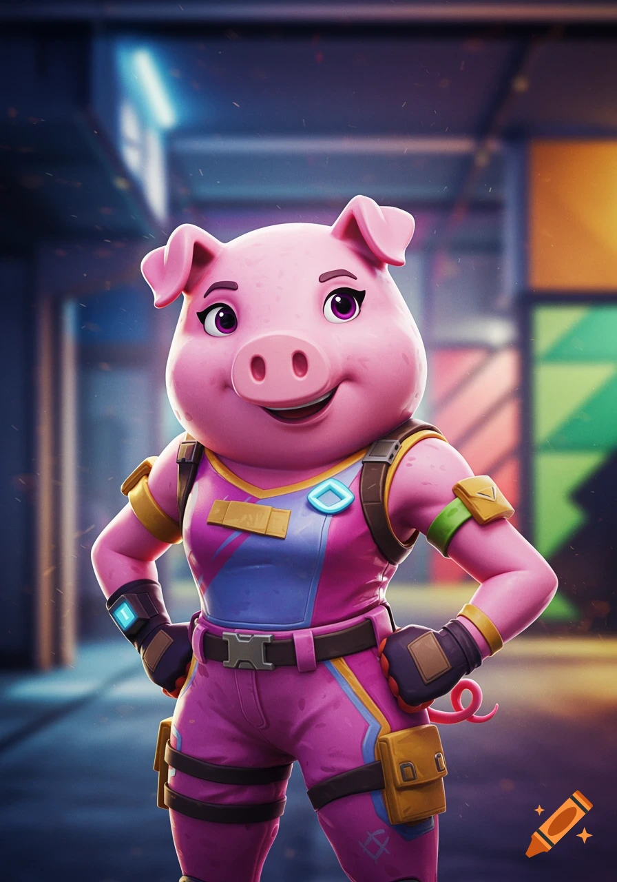 Cartoon pig character in a pink and blue costume stands in a video game-like setting.