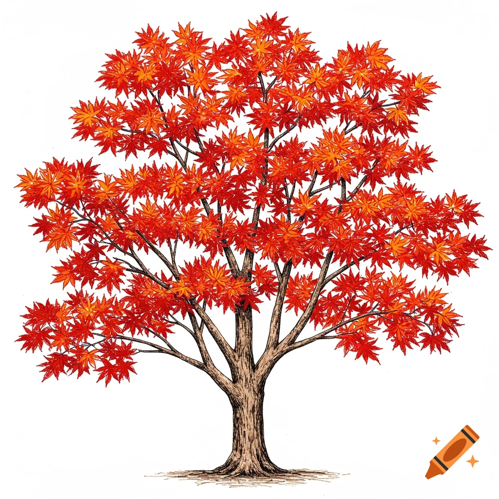 Drawing of a maple tree with red autumn leaves.