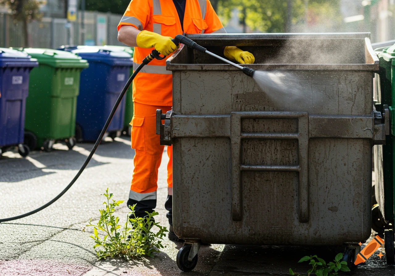 Worker in orange uniform pressure washing a garbage bin